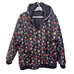 A**holes Live Forever Jacket Size XL Loud Print Skull Roses Quilted Hooded Lined